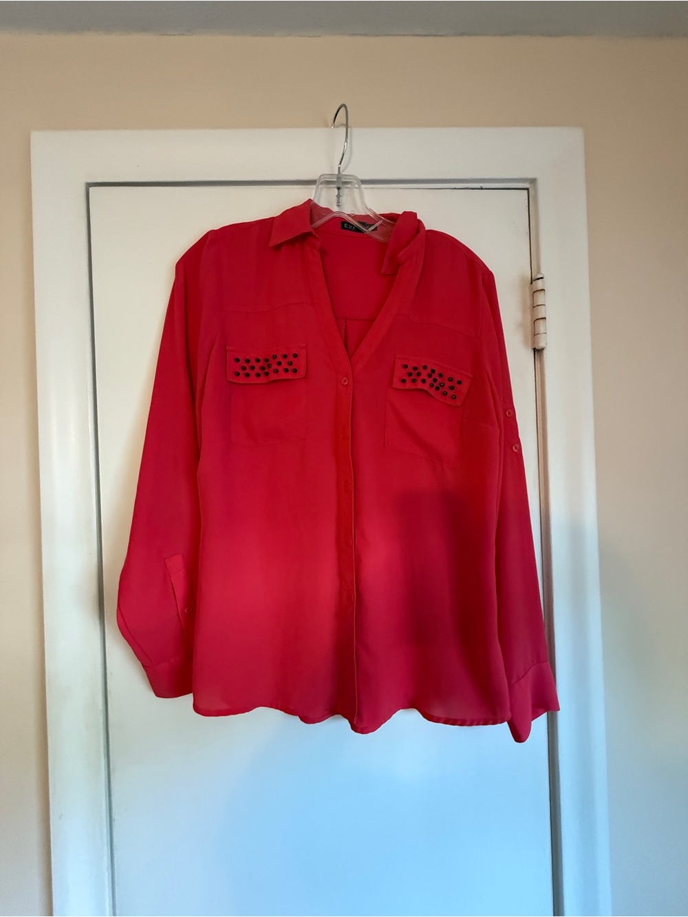 Express Red Button-Down Blouse with Studded Pocket Flaps